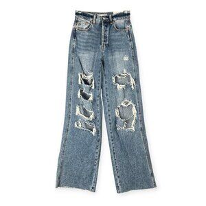 NWT PacSun Baggy Jean Womens 24 Blue Distressed Wide Leg Skater Y2K Flare Grunge